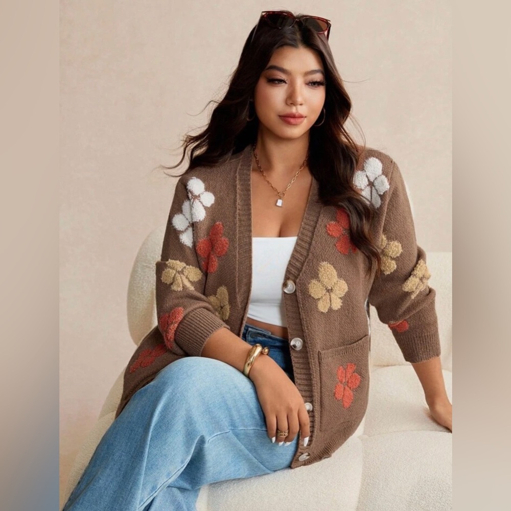 New Floral Patterned Brown Cardigan Sweater size 3XL 🌹🌺🌸 BG 09